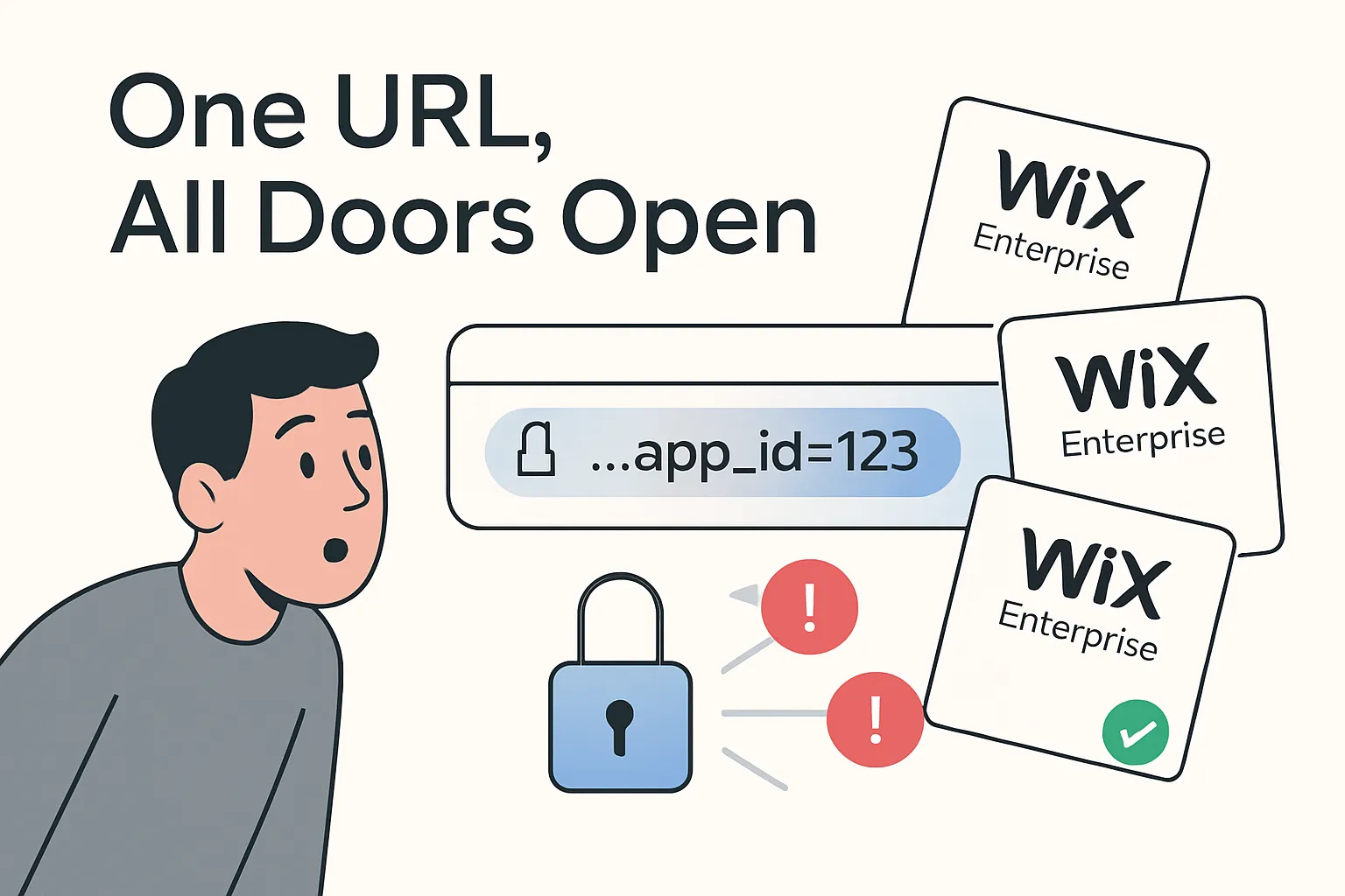 Minimalist tech illustration of an exposed URL parameter unlocking multiple Wix enterprise logins with a swift 24-hour patch