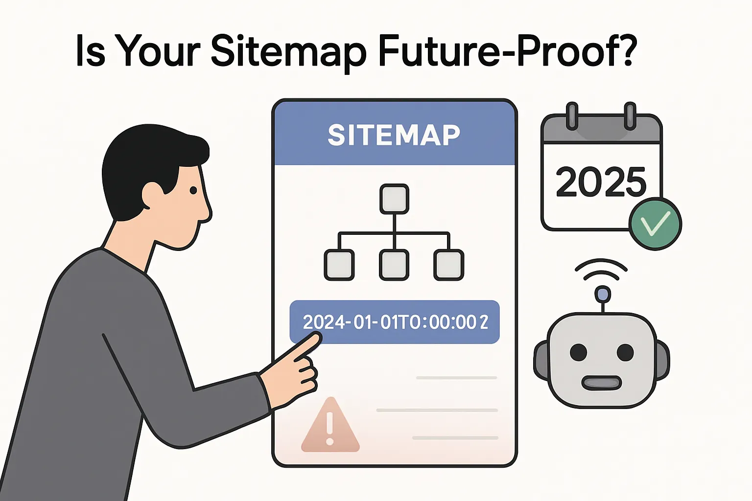 Minimalist tech illustration of sitemap with ISO 8601 timestamp and AI bot and calendar icons indicating future-ready crawling status