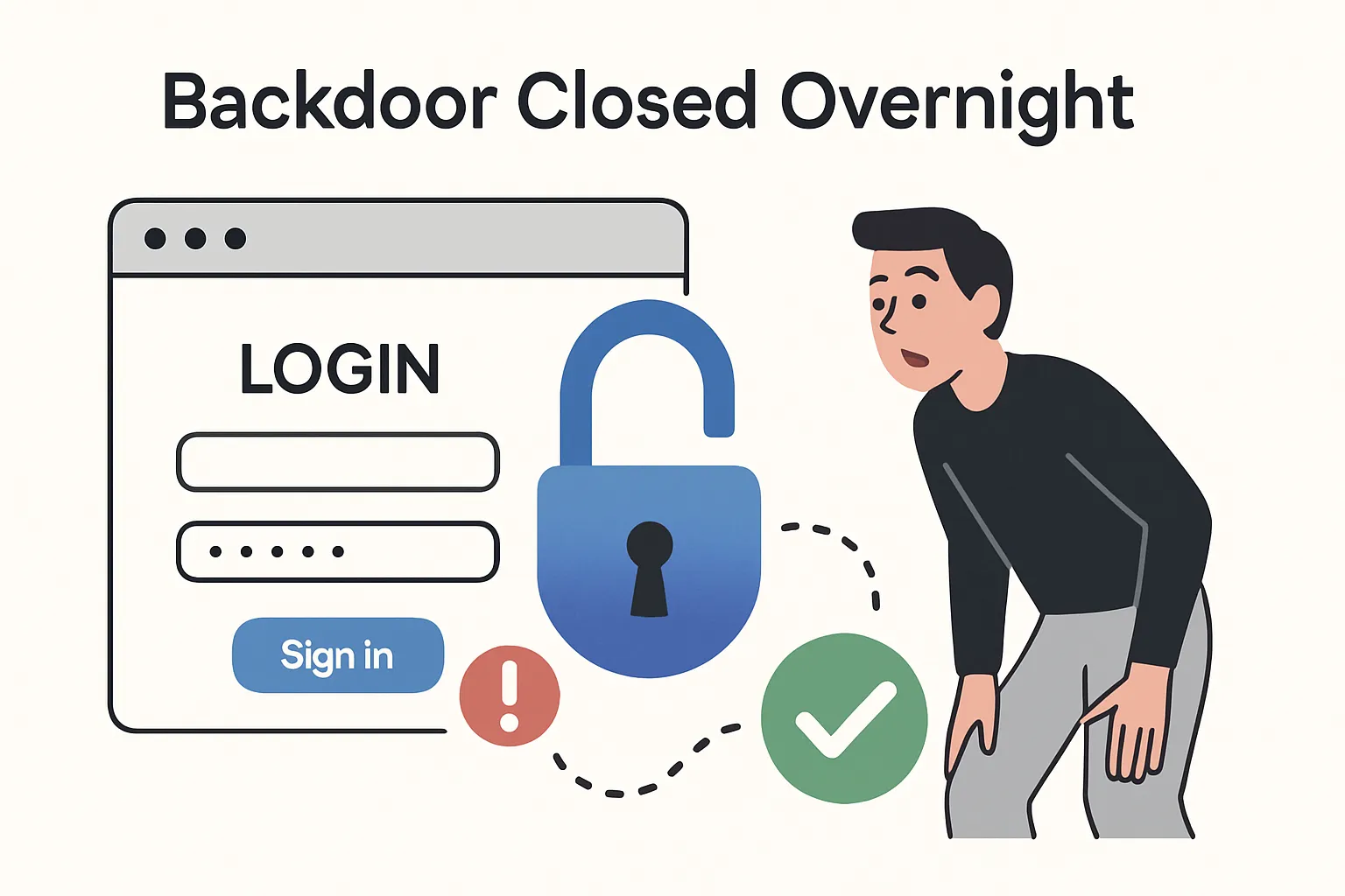 Minimalist tech illustration showing a browser login panel with a dotted bypass path ending in a green check symbol indicating a patched SSO loophole