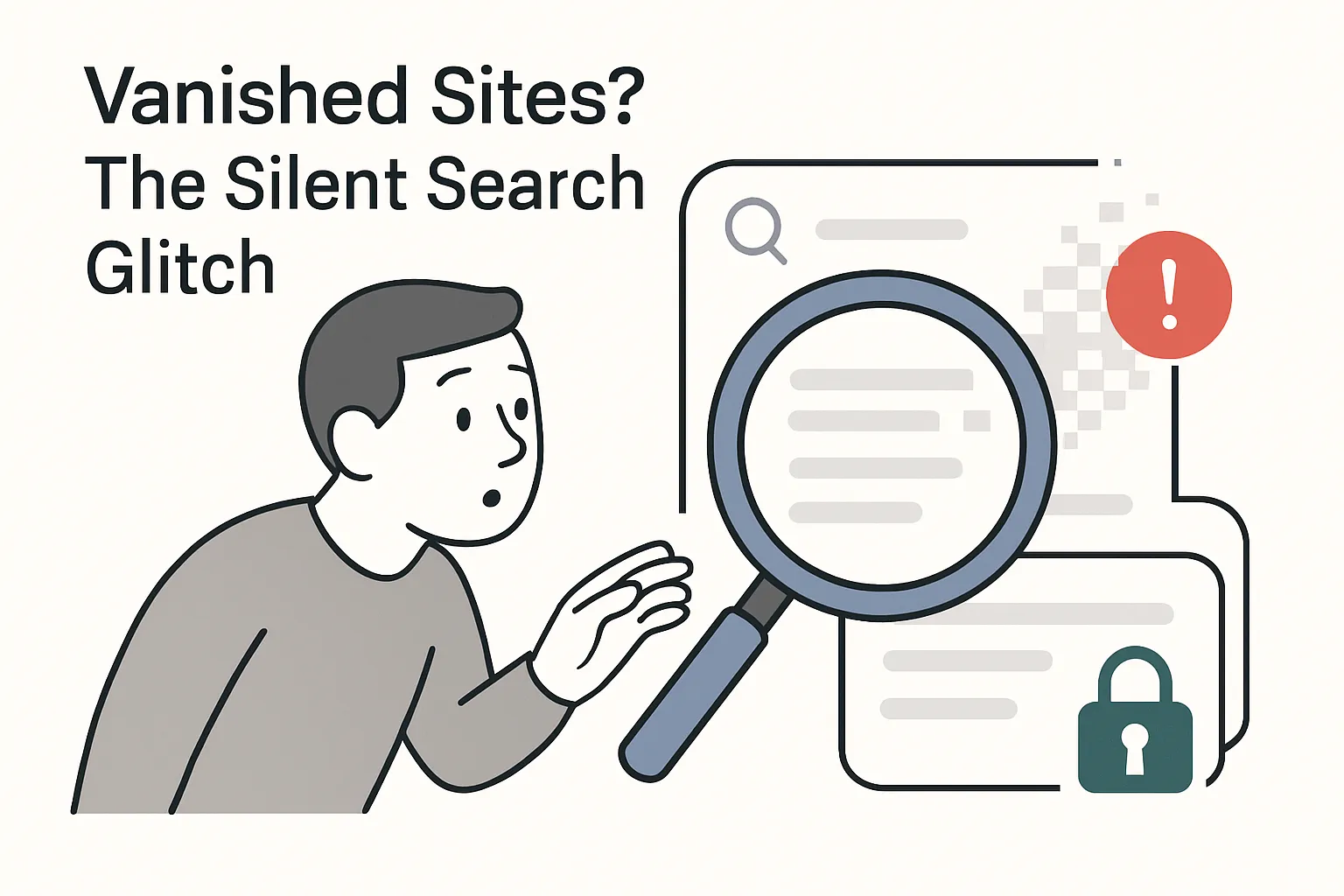 Minimalist tech illustration showing a search result card quietly erased with a new padlock appearing indicating a fixed exploit