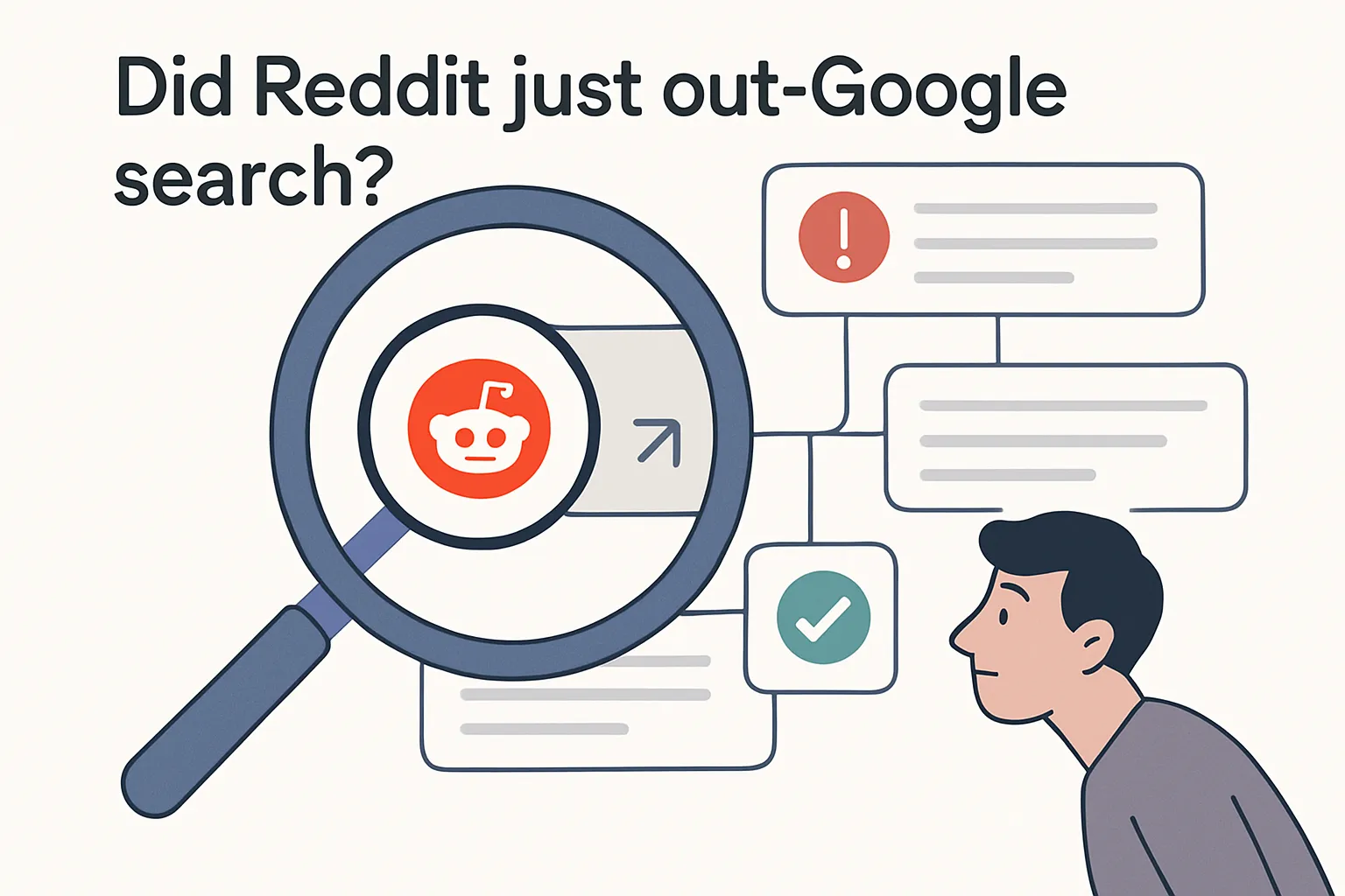 Minimalist illustration of Reddit search surge with AI answers and branching cards