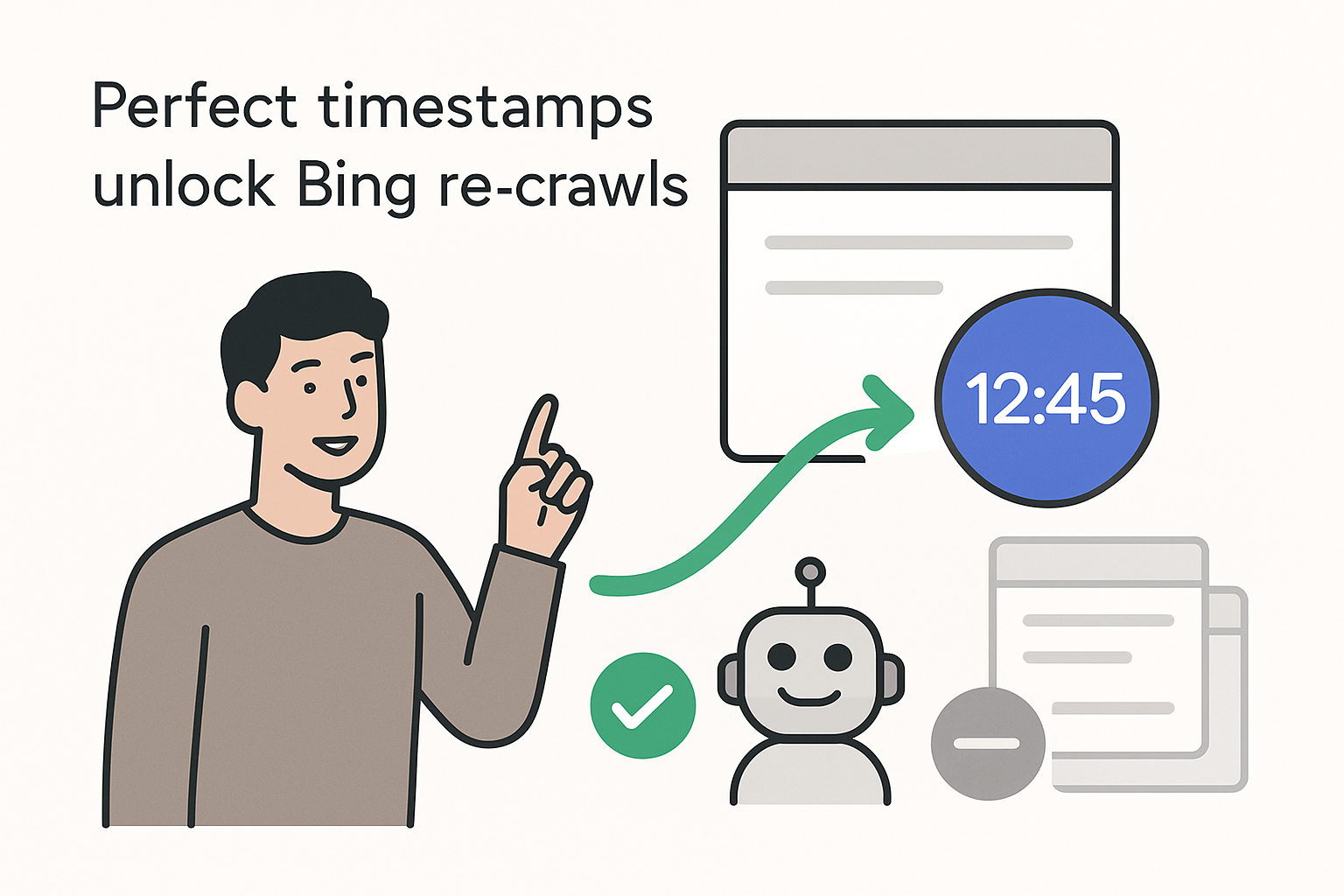 Illustration of how exact lastmod timestamps guide Bing AI to recrawl or skip pages to reduce crawl waste