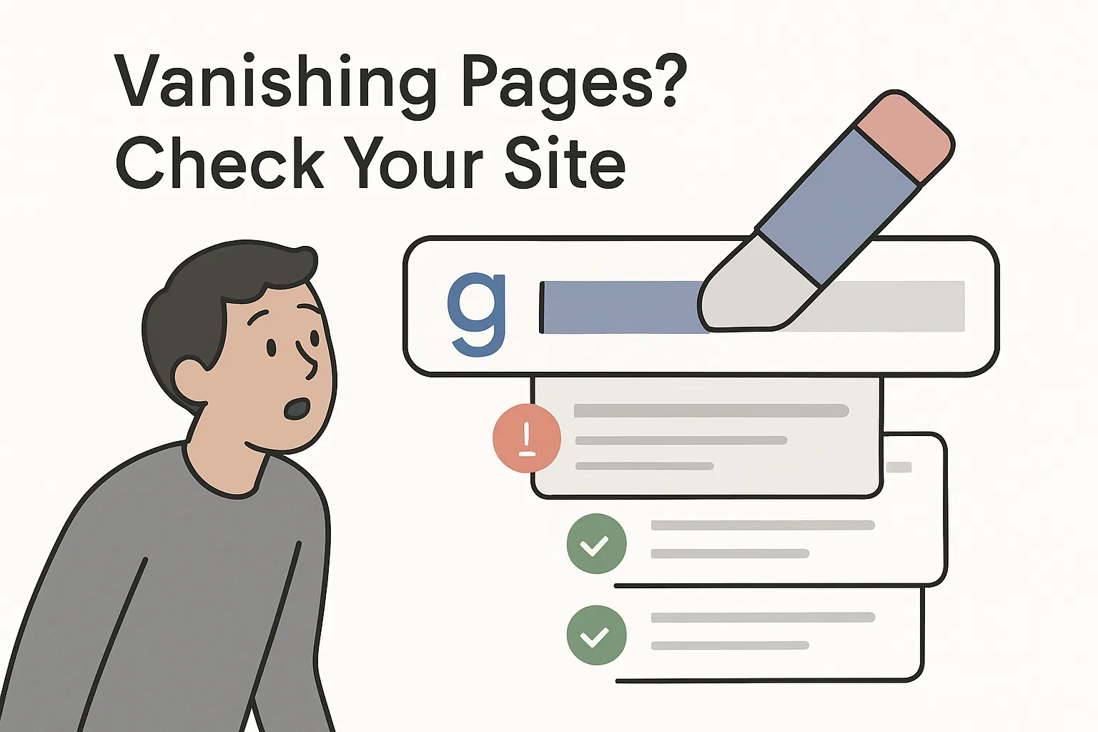 Minimalist illustration of a human avatar erasing Google search results with a browser address bar and warning icons