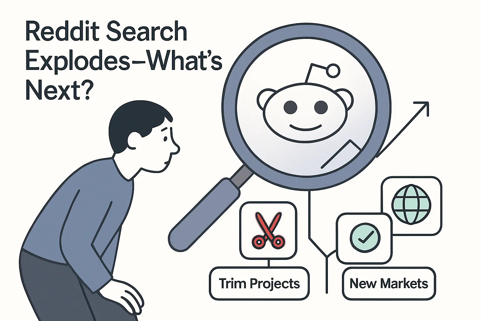 Minimalist illustration of Reddit search surge with magnifying glass housing Reddit alien icon and upward trending graph, branching UI paths for project trimming and market expansion, and a curious user avatar observing strategic crossroads