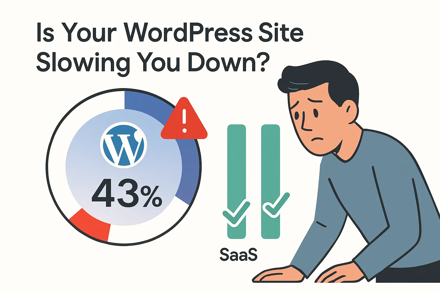 Minimalist illustration showing WordPress lagging on Core Web Vitals with a 43 percent gauge alert and faster SaaS rivals with green check marks