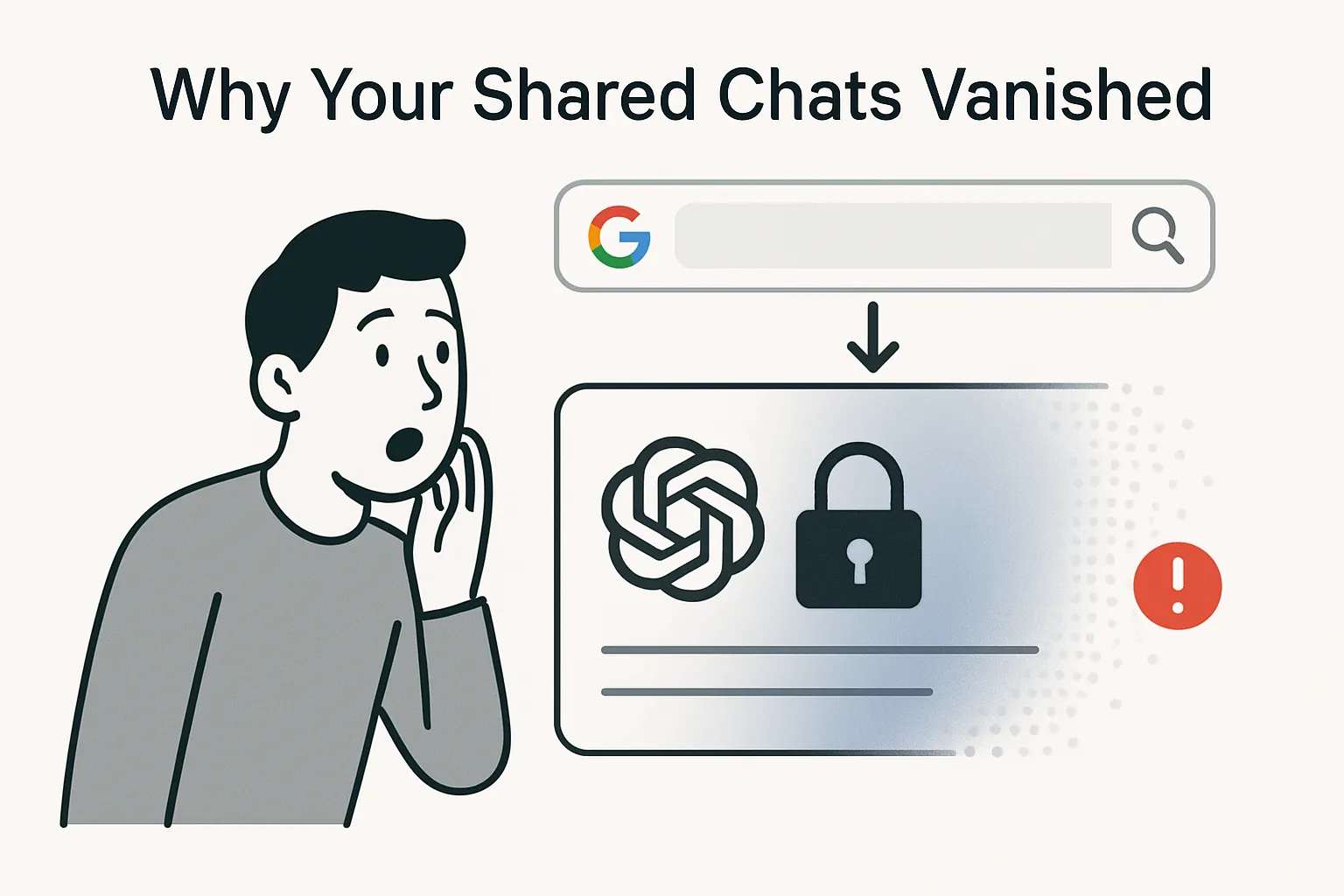 Minimalist illustration of a worried user observing a disappearing Google search card with lock icon and search bar showing privacy removal of ChatGPT results