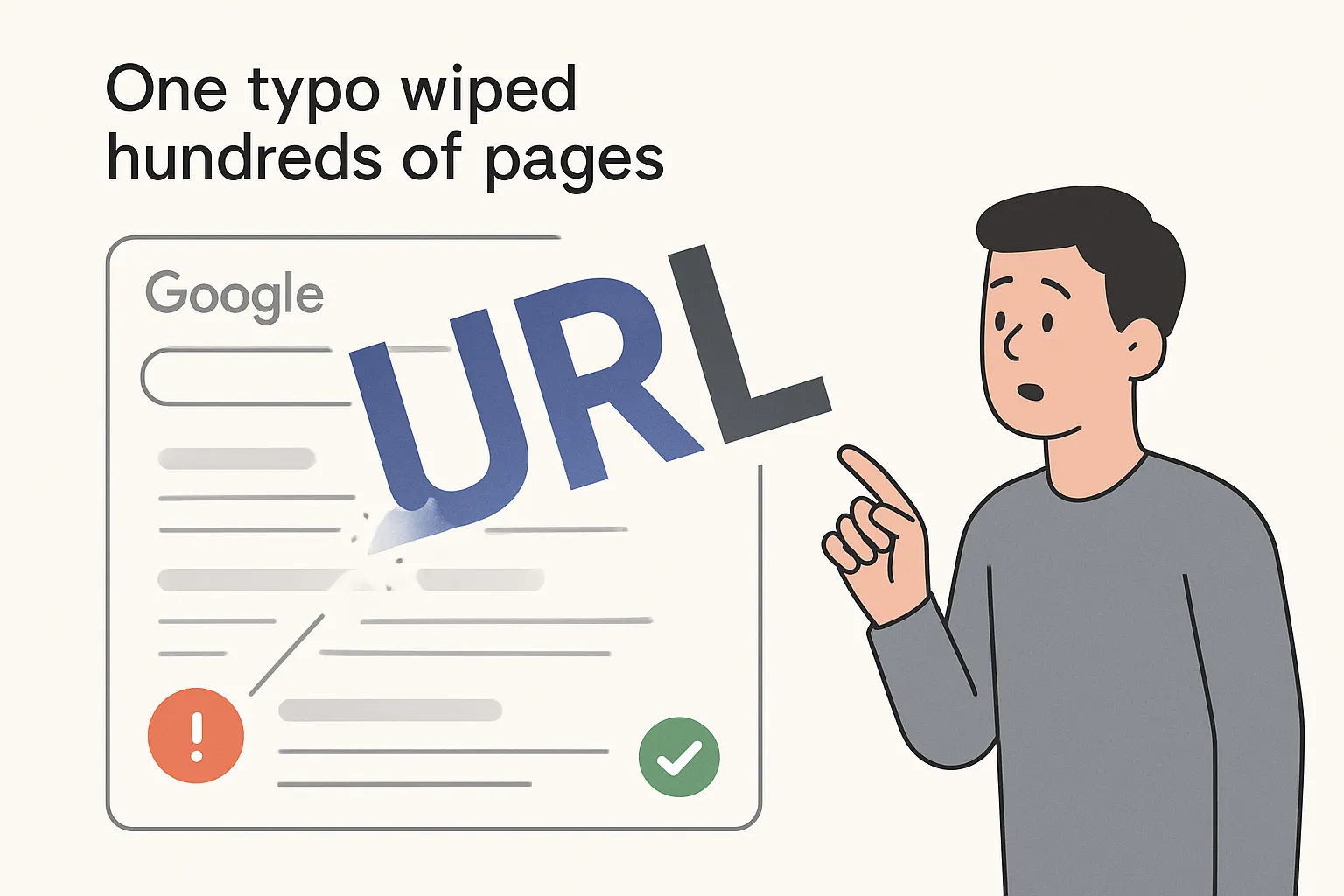 Minimalist illustration of a capitalization exploit erasing Google search results with a human avatar showing surprise and an eraser-like URL string removing lines