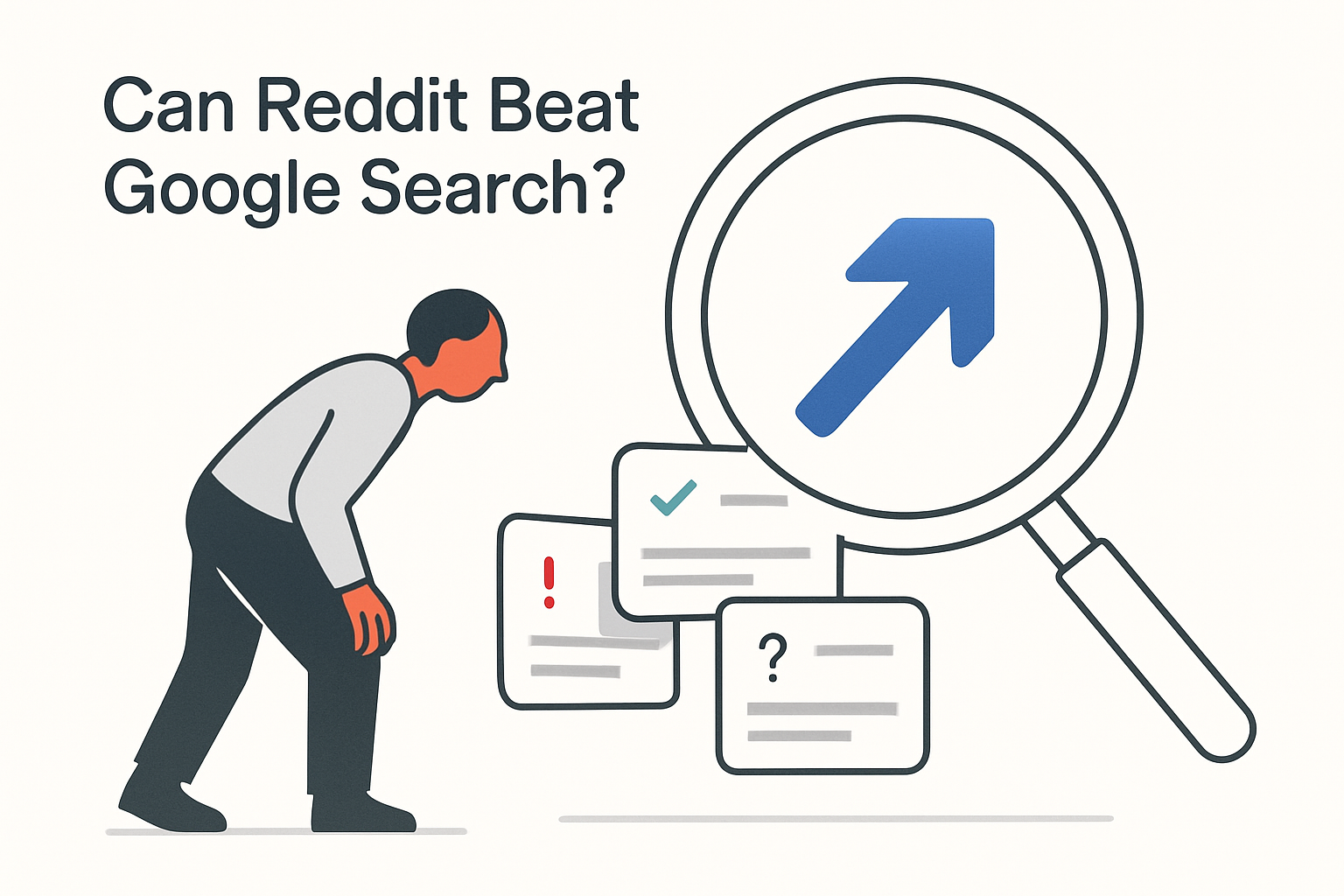 Minimalist illustration of a search lens with upward arrow and user avatar representing Reddit query growth