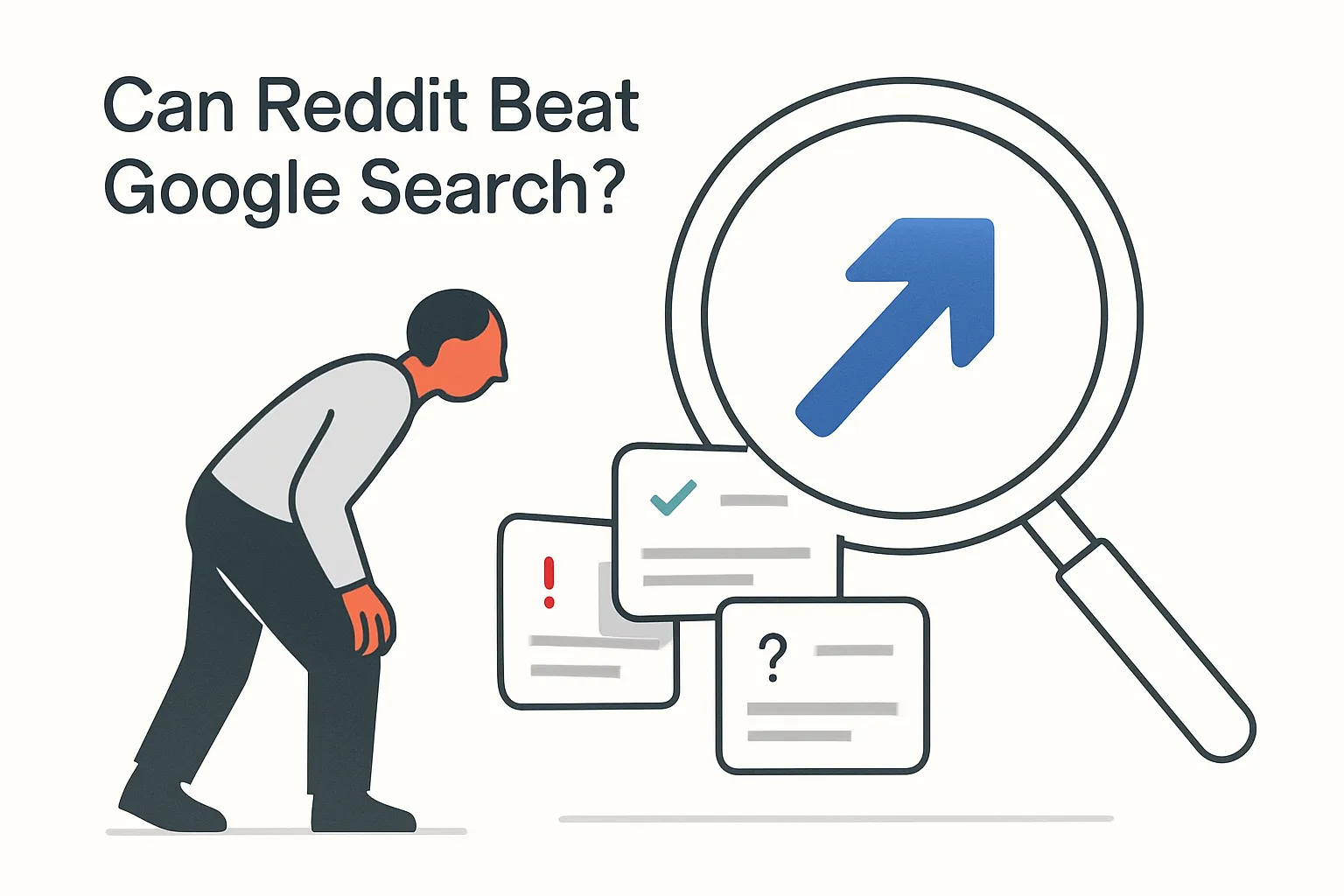 Minimalist illustration of a search lens with upward arrow and user avatar representing Reddit query growth