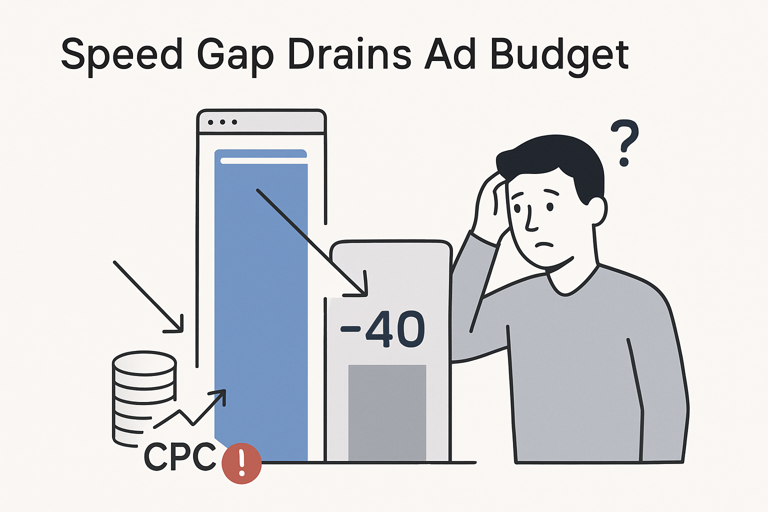 Minimalist illustration showing a speed performance gap between two website platforms with a puzzled marketer character and icons representing ad costs and search ranking decline