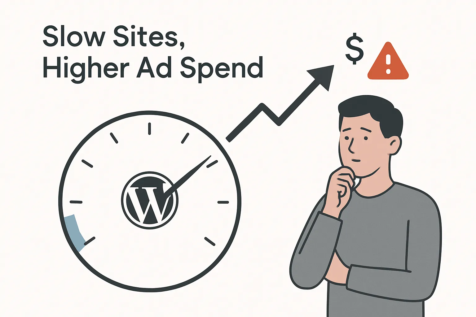 Minimalist speedometer illustration showing WordPress low speed gauge and rising ad cost arrow with concerned human avatar and warning text