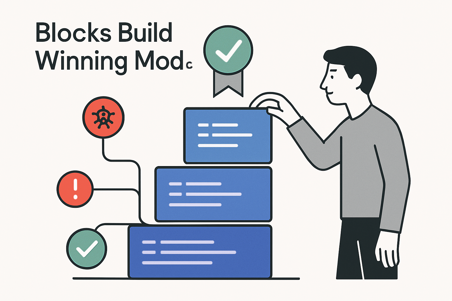 Illustration of an avatar assembling stacked code blocks into a podium with branching debug and check icons to symbolize machine learning auto-improvement and Kaggle success