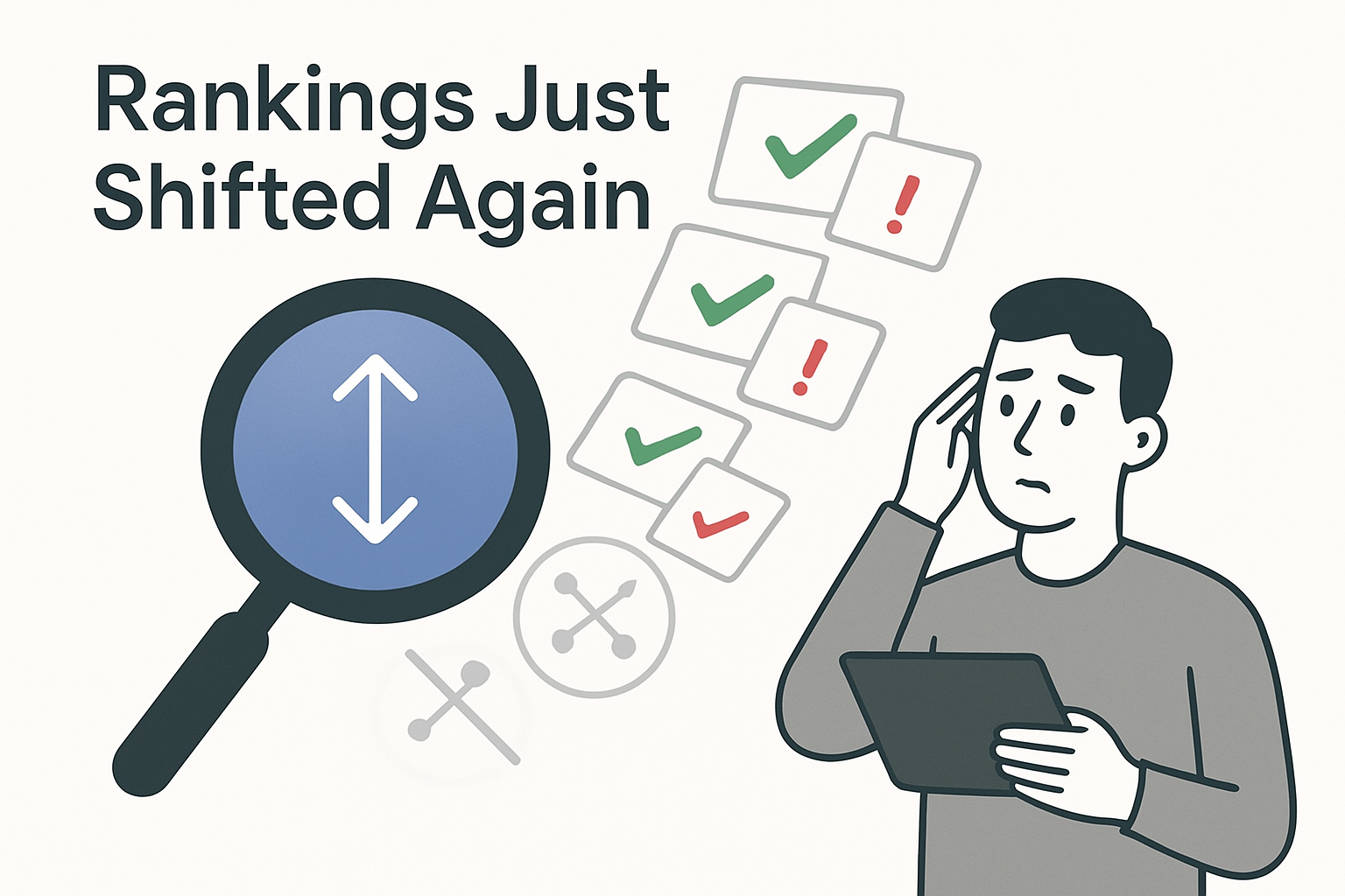 Minimalist illustration of Google search shift with magnifying glass funneling result tiles and puzzled analyst reacting