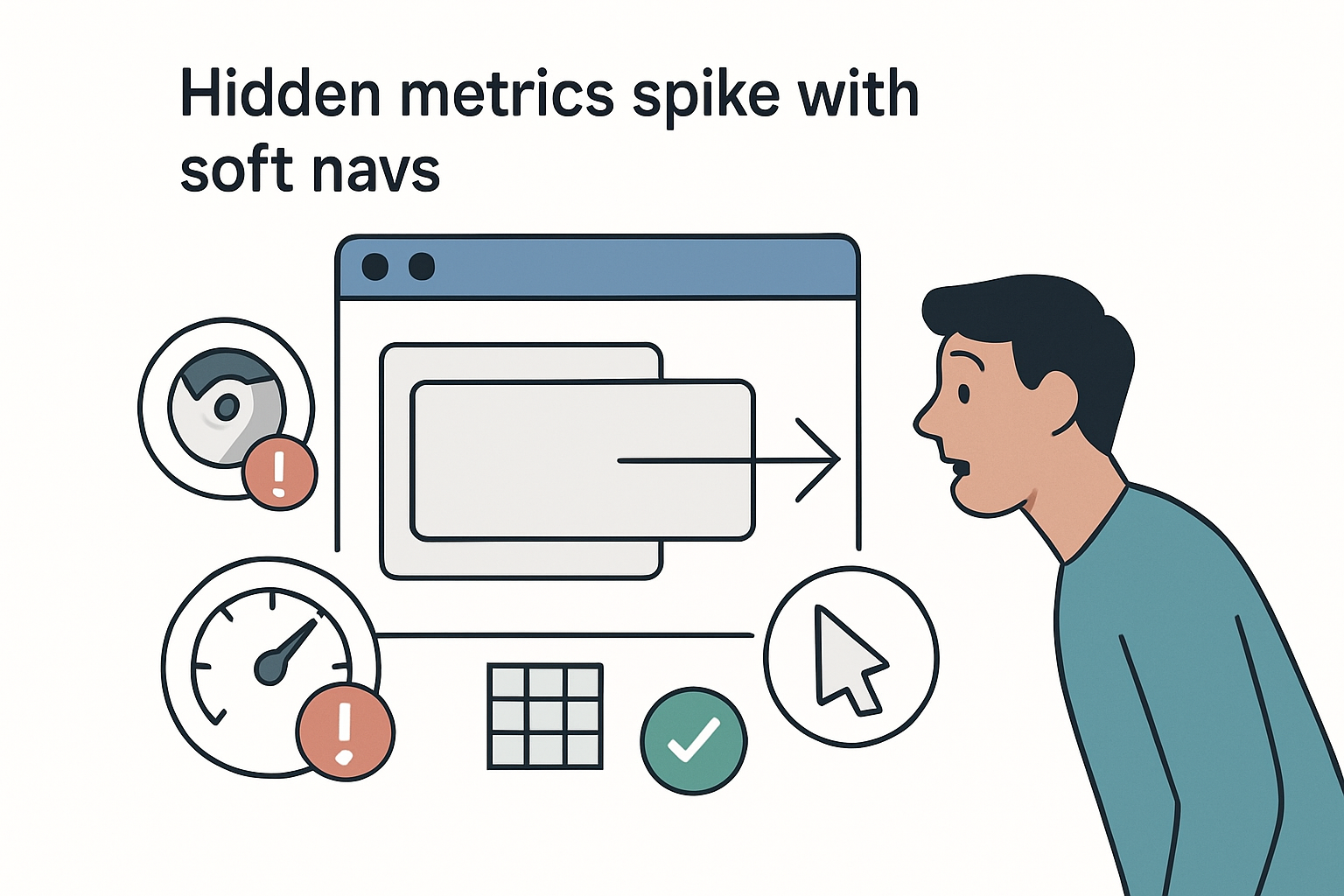 Minimalist illustration of Chrome soft navigation converting sliding SPA views into Core Web Vitals events