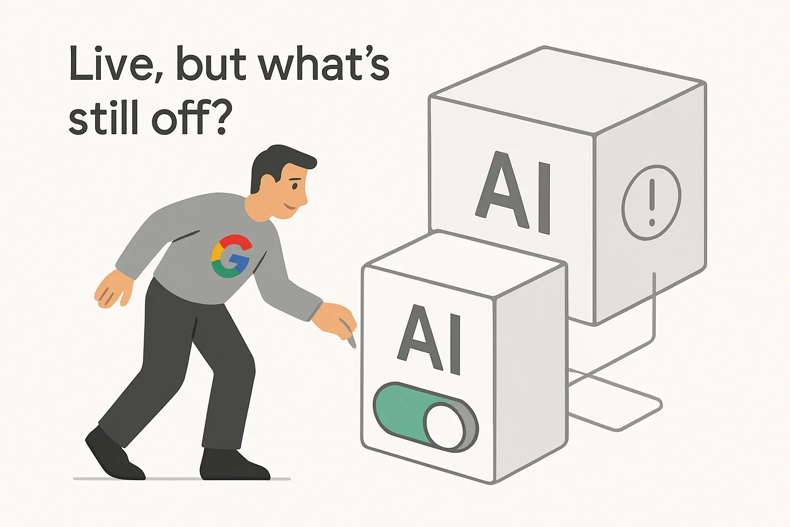 Google activating AI switch with dormant AI module beside it in minimalist tech illustration