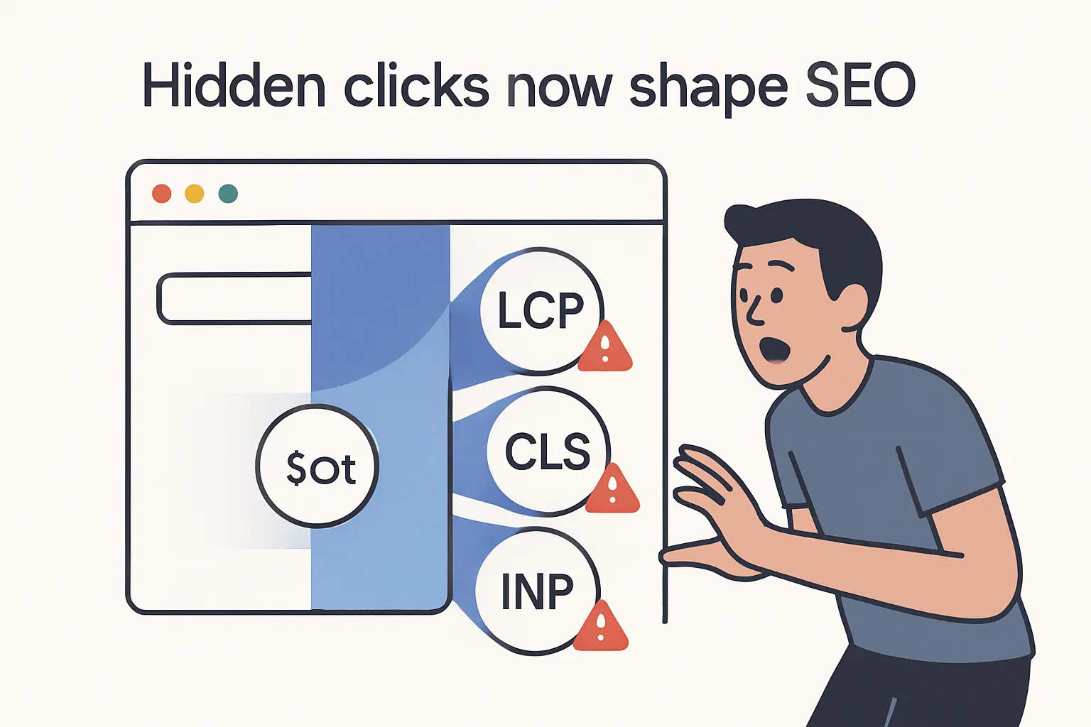 Minimalist illustration of Chrome soft navigation revealing hidden Core Web Vitals with developer surprised and alert bubbles