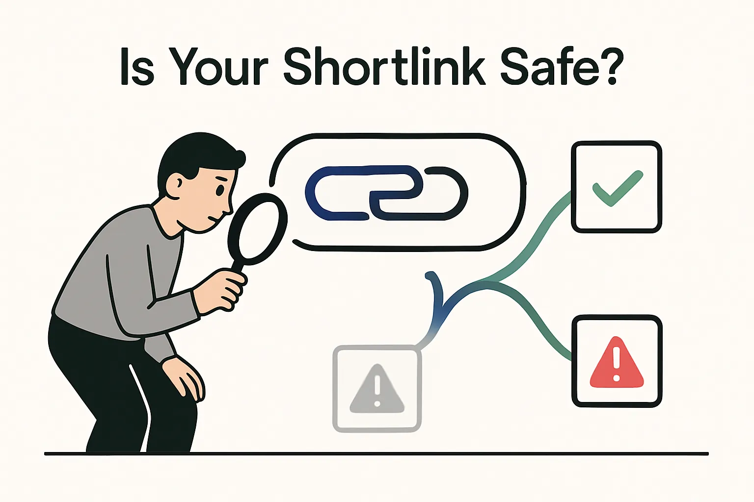 Minimalist tech illustration of a URL short link icon splitting into safe and unsafe paths watched by a curious avatar with a magnifying glass