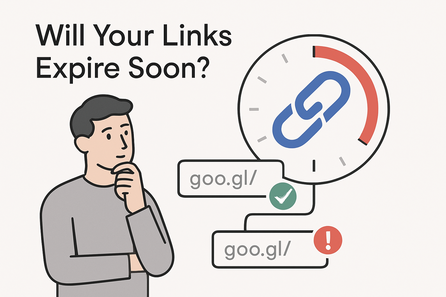 Minimalist illustration of inactive goo gl short links with countdown timer and warning symbols highlighting expiration risk