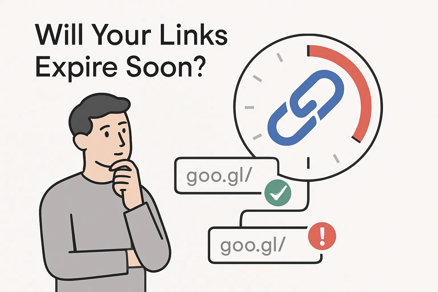 Minimalist illustration of inactive goo gl short links with countdown timer and warning symbols highlighting expiration risk