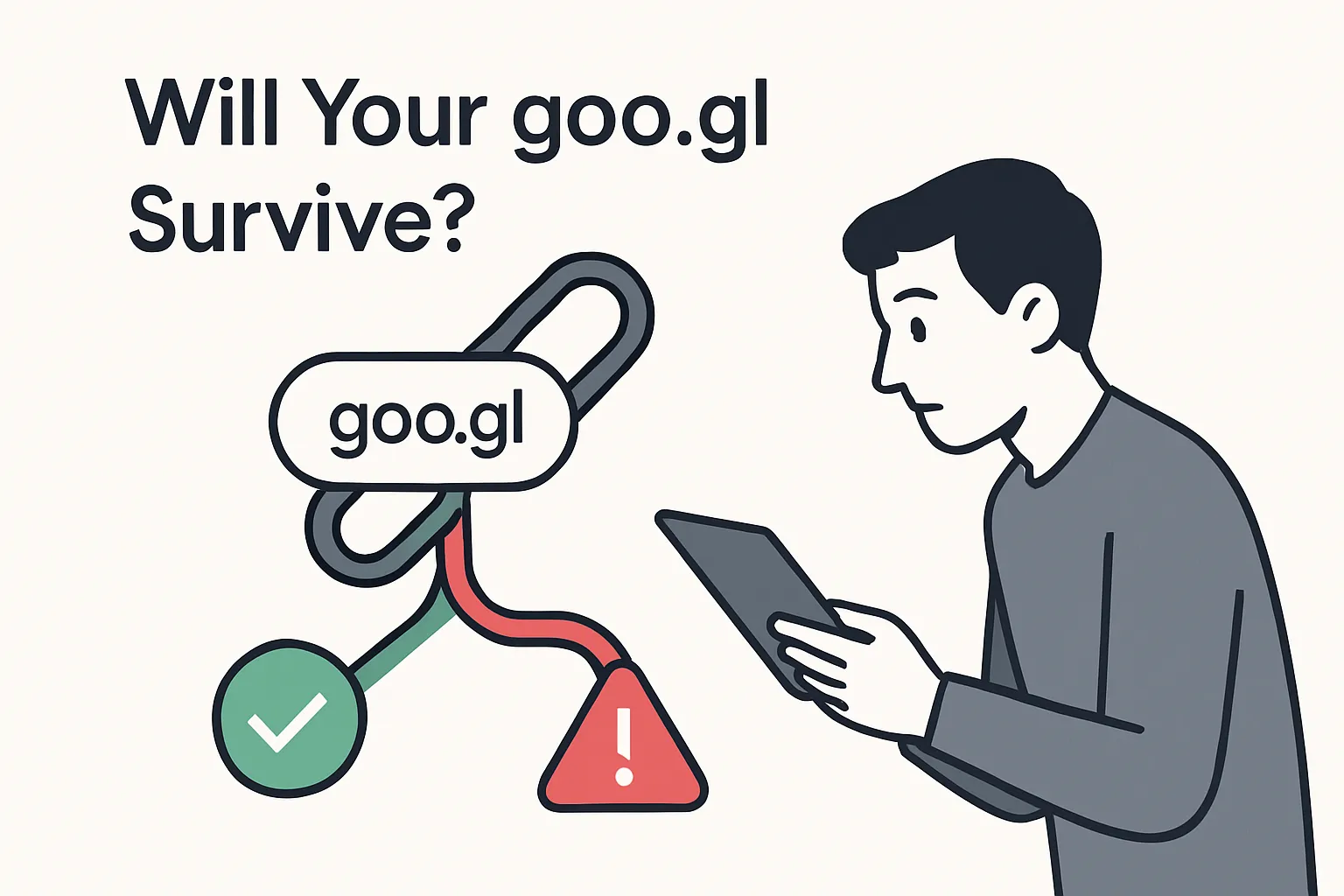 Minimalist illustration of a goo gl link with branching paths showing safe and dangerous options