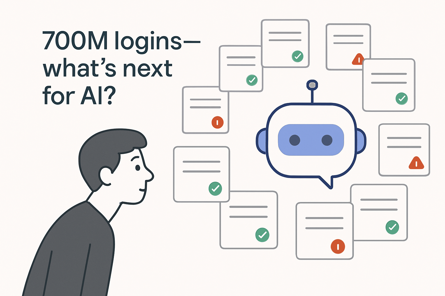 Minimalist chatbot icon with expanding login tiles representing 700 million weekly logins and future AI growth