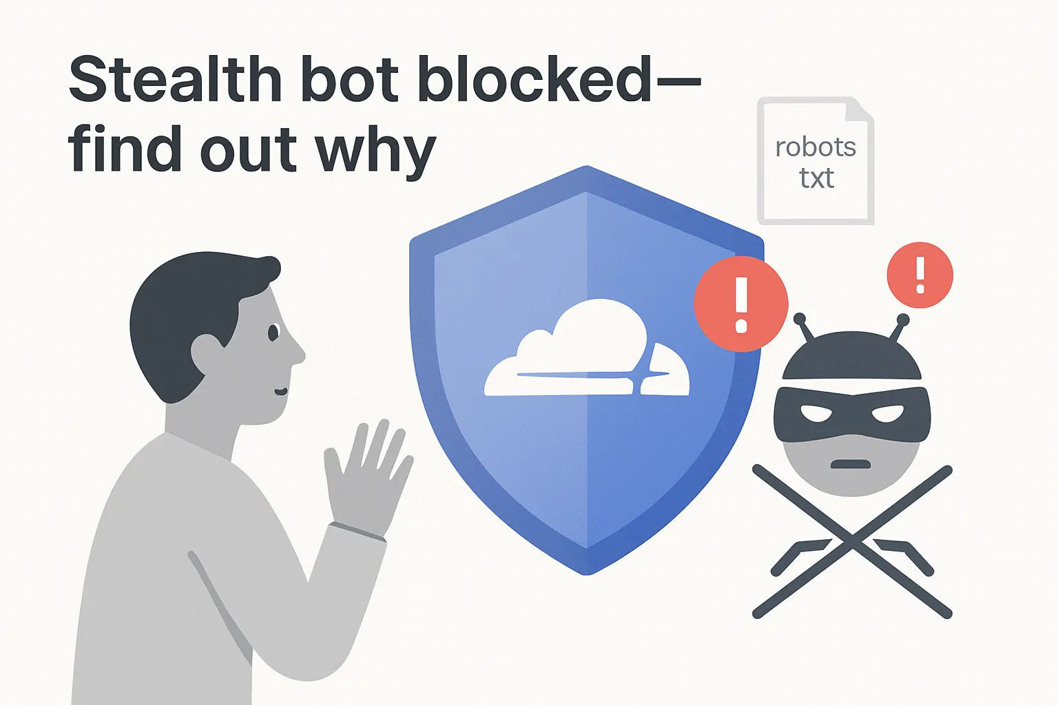 Minimalist illustration of Cloudflare digital shield blocking a masked crawler bot with alert badge and surprised admin raising hand, conveying sudden restriction on stealth scraping