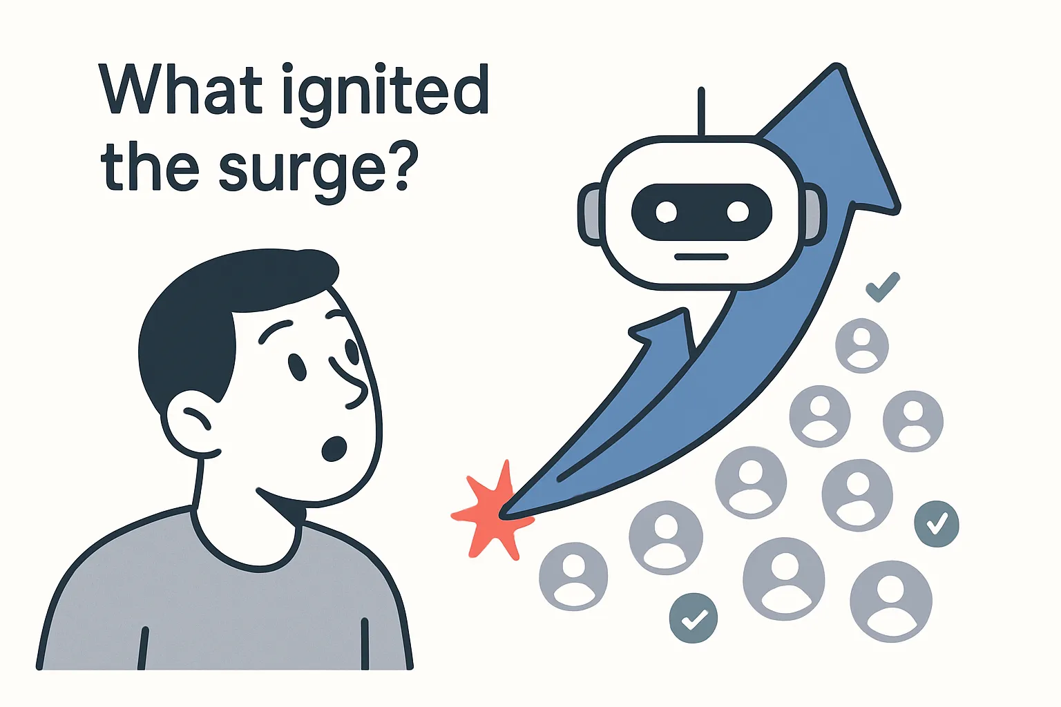 Minimalist tech illustration of a chatbot icon with an upward arrow rocket trail and multiplying user nodes, observed by a surprised avatar with wide eyes and leaning forward