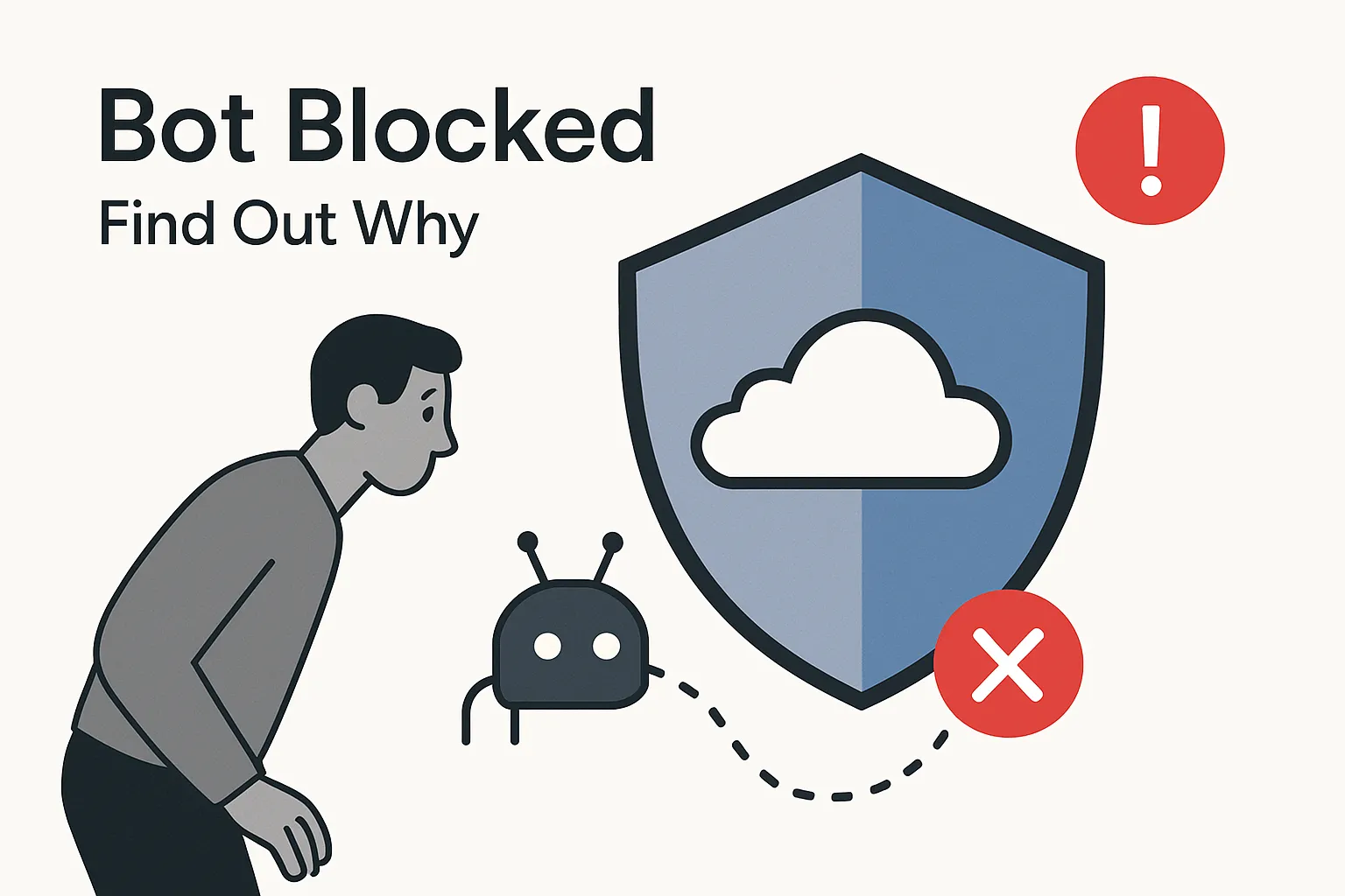 Minimalist illustration of Cloudflare shield blocking AI crawler with robots txt breach warning