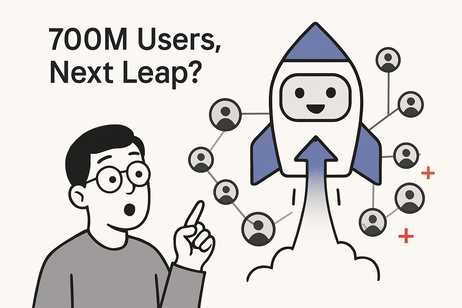 Illustration of ChatGPT's explosive user growth with a chatbot rocket icon pointing upward surrounded by multiple user avatars and a surprised analyst character in a minimalist tech style