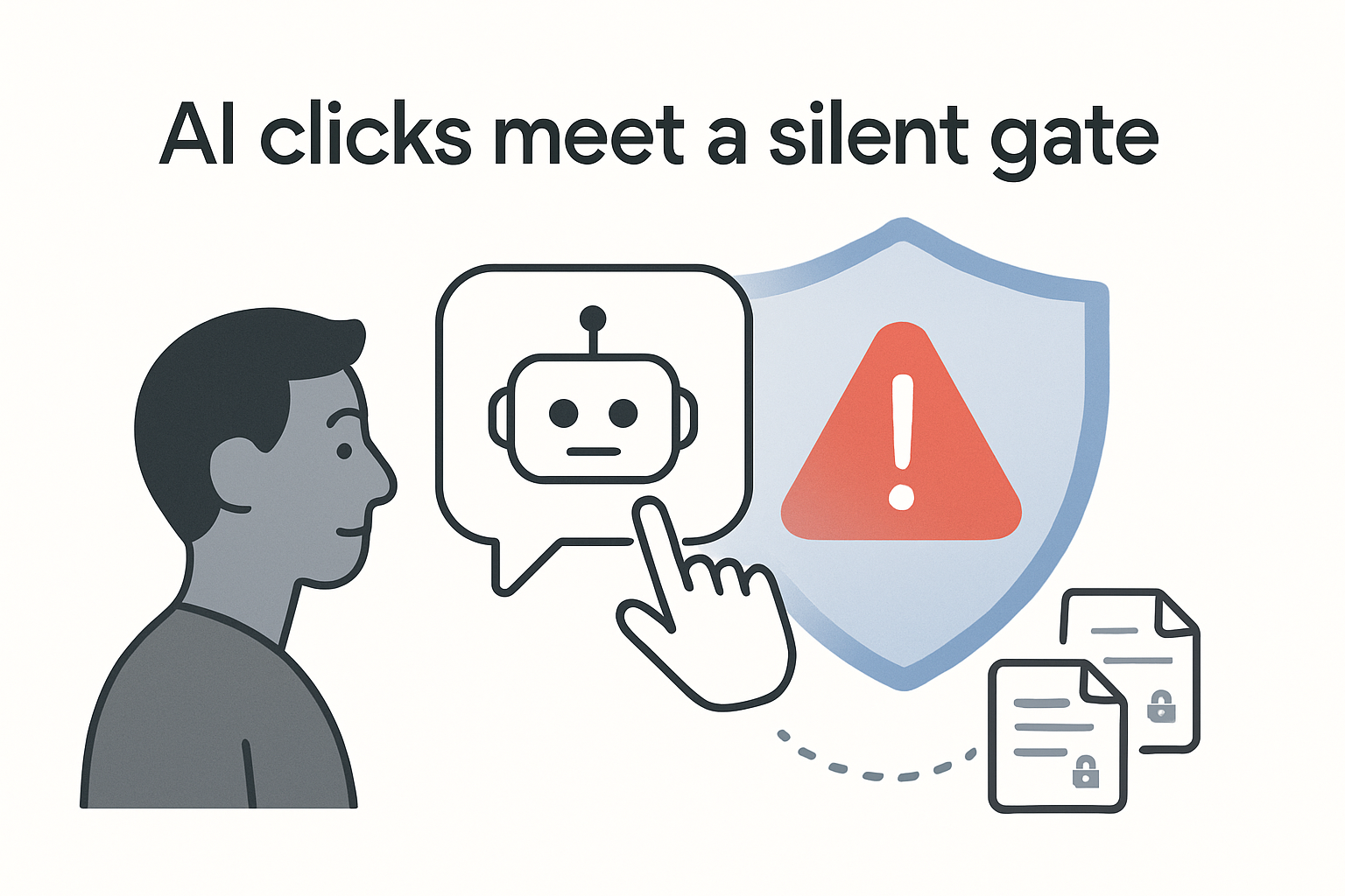 Minimalist illustration of AI chat bubble icon with cursor hand hitting translucent firewall shield with exclamation mark and user avatar watching