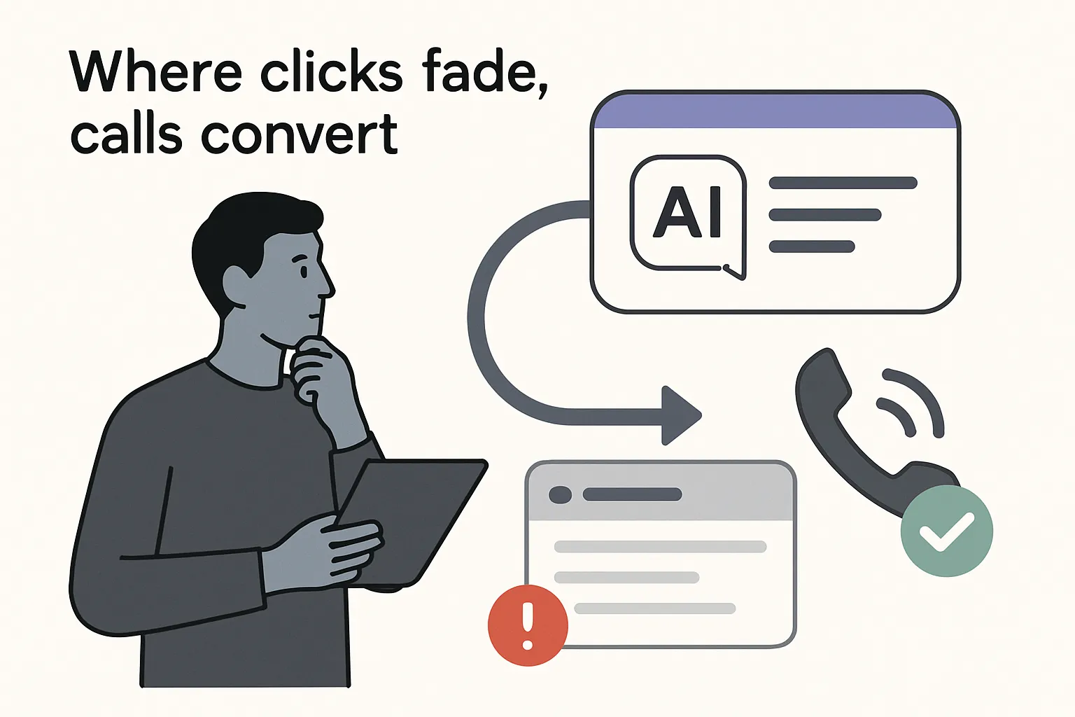 Minimalist illustration of AI search answers shifting to phone call conversions with chat block and analyst holding tablet