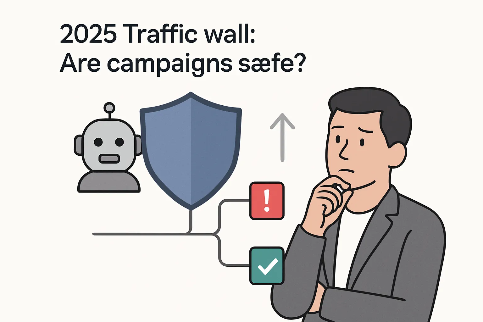Digital firewall shield blocking AI bot with data paths and marketer reacting in minimalist tech style
