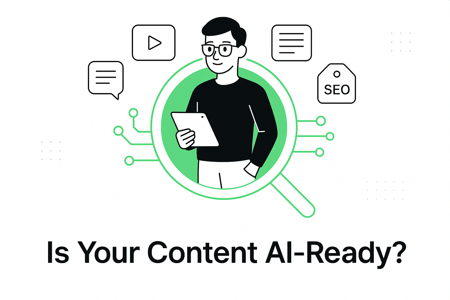 Young content strategist with tablet inside glowing AI lens, surrounded by floating digital content icons.