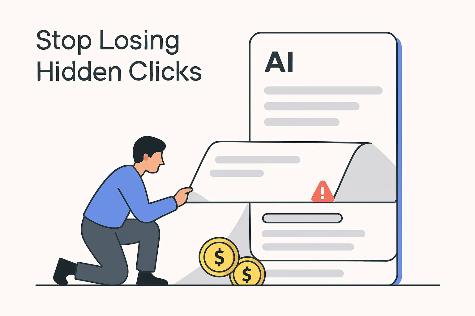 Illustration of an oversized AI answer card pushing search results below a fold with a marketer uncovering hidden conversion coins in a minimalist tech style