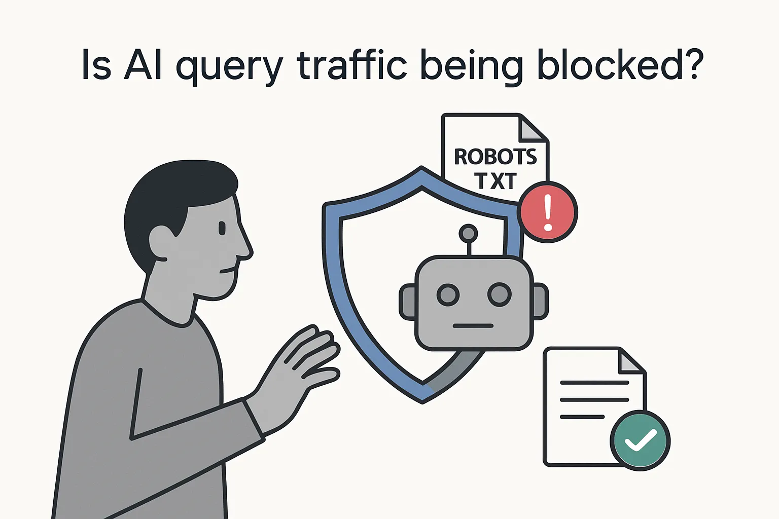 Illustration of AI query traffic and bot detection with shield and robot icons watched by a concerned user avatar