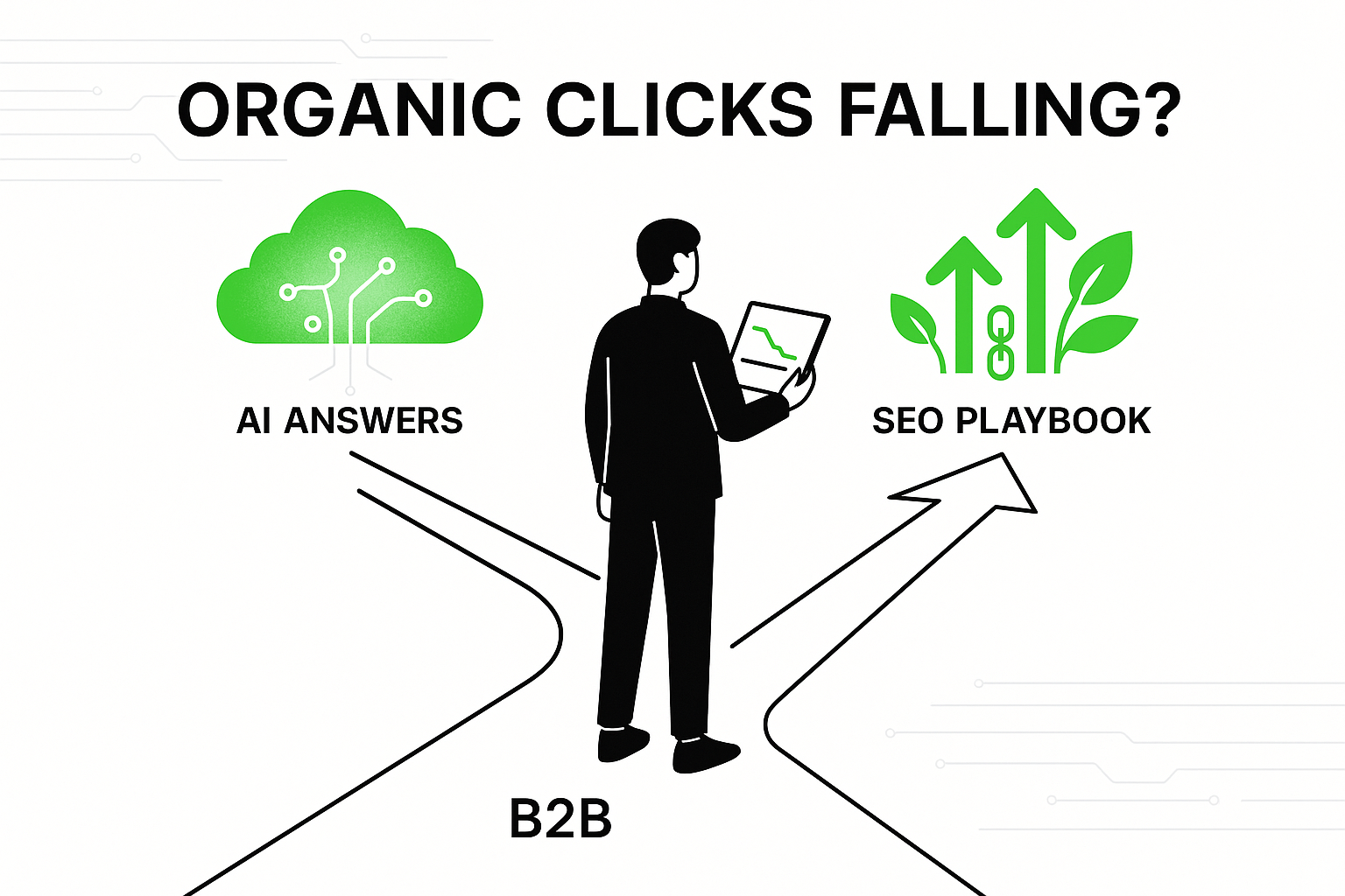 Minimalist tech illustration of a gender-neutral B2B marketer at digital crossroads with AI answers and organic growth paths