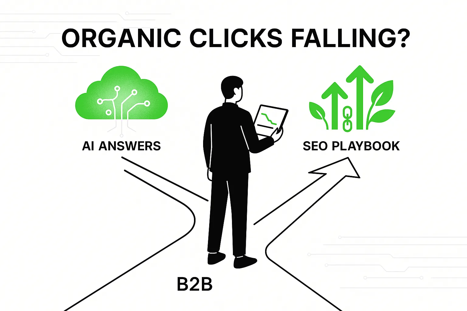 Minimalist tech illustration of a gender-neutral B2B marketer at digital crossroads with AI answers and organic growth paths