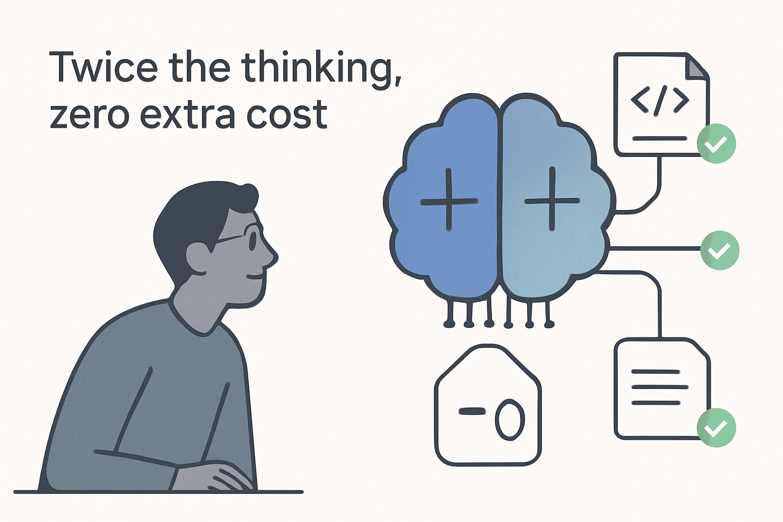 Minimalist tech illustration of enlarged circuit brain chip with code nodes and developer avatar watching a stable price tag on a white background