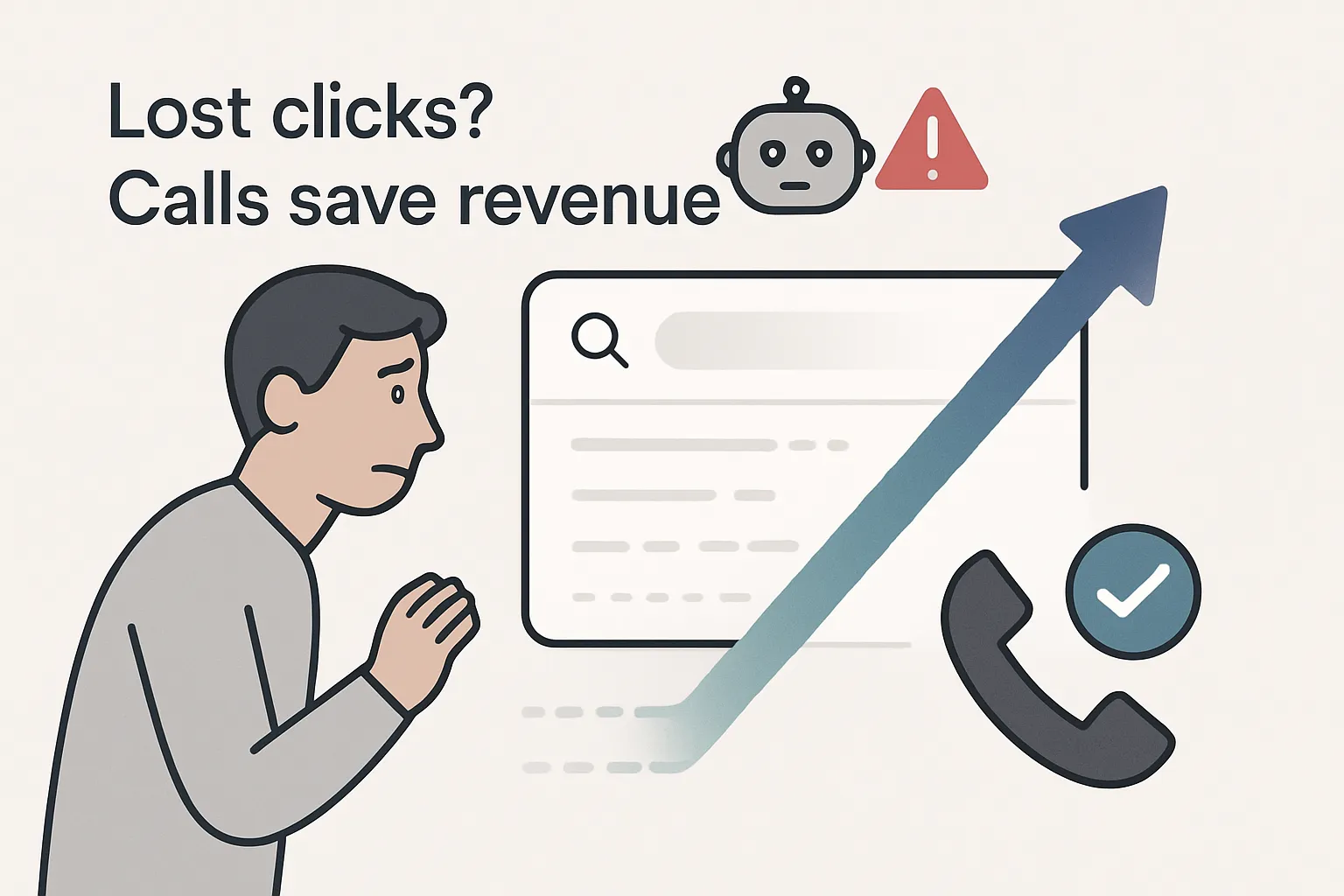 Illustration of vanishing web traffic and recovered revenue through phone call tracking with minimalist tech symbols