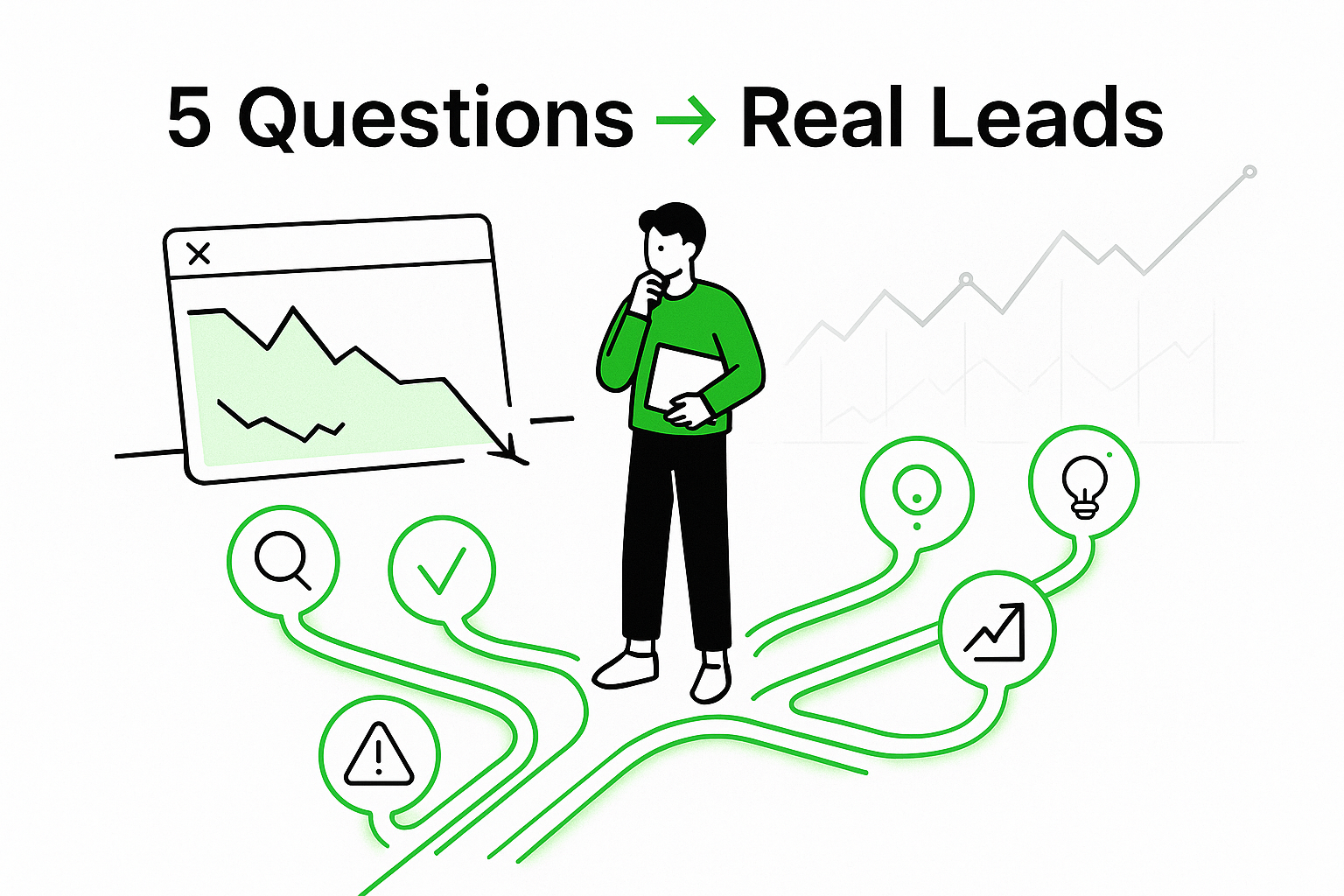 Minimalist digital marketer at crossroads with neon paths and broken web page symbolizing traffic questions and lead growth