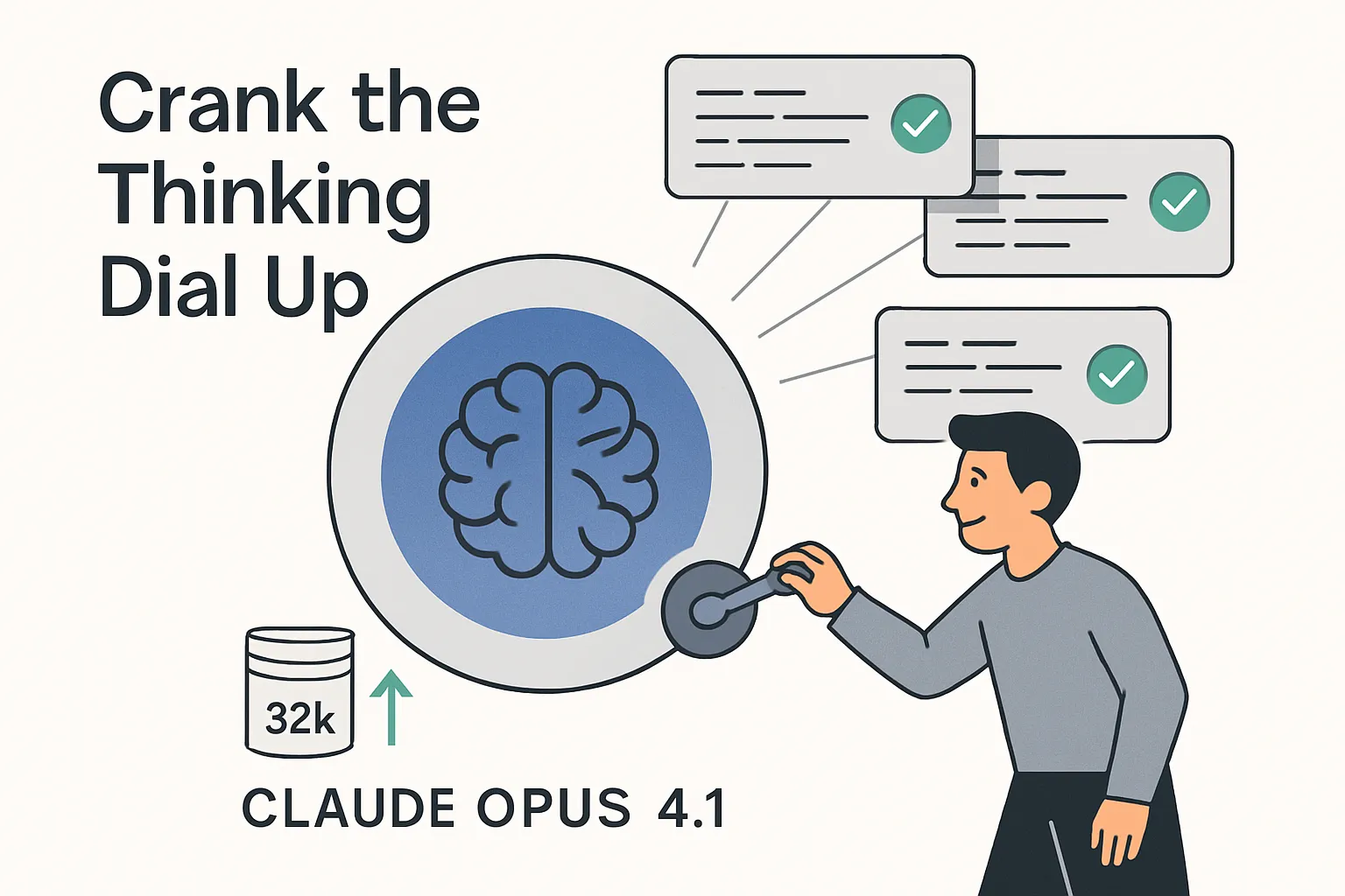 Developer avatar turning a brain-shaped dial with code panels and boost indicator in minimalist tech illustration