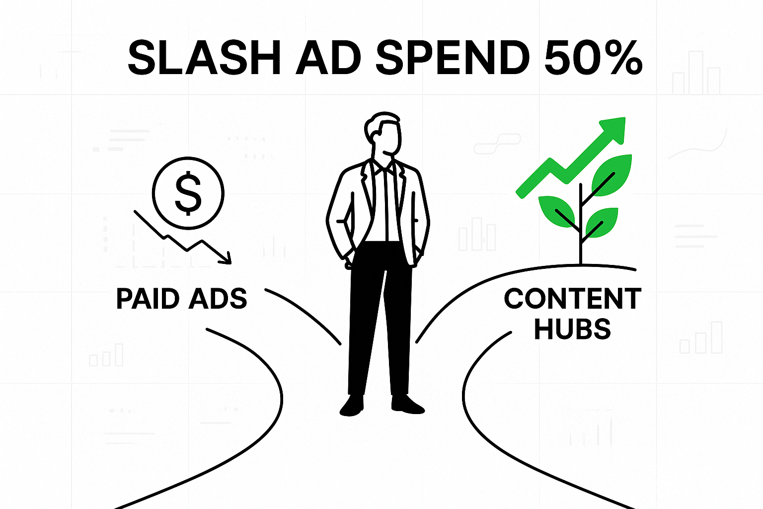 Minimalist tech illustration of a professional between paid ads and content hubs with growth icons and bold headline