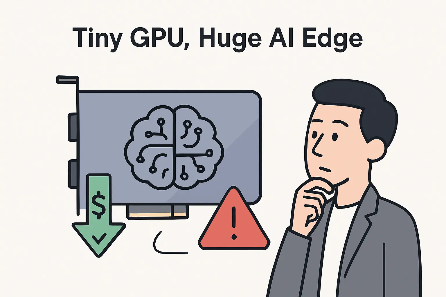Minimalist illustration of a compact AI brain on a GPU card with cost and risk icons observed by a curious marketer avatar