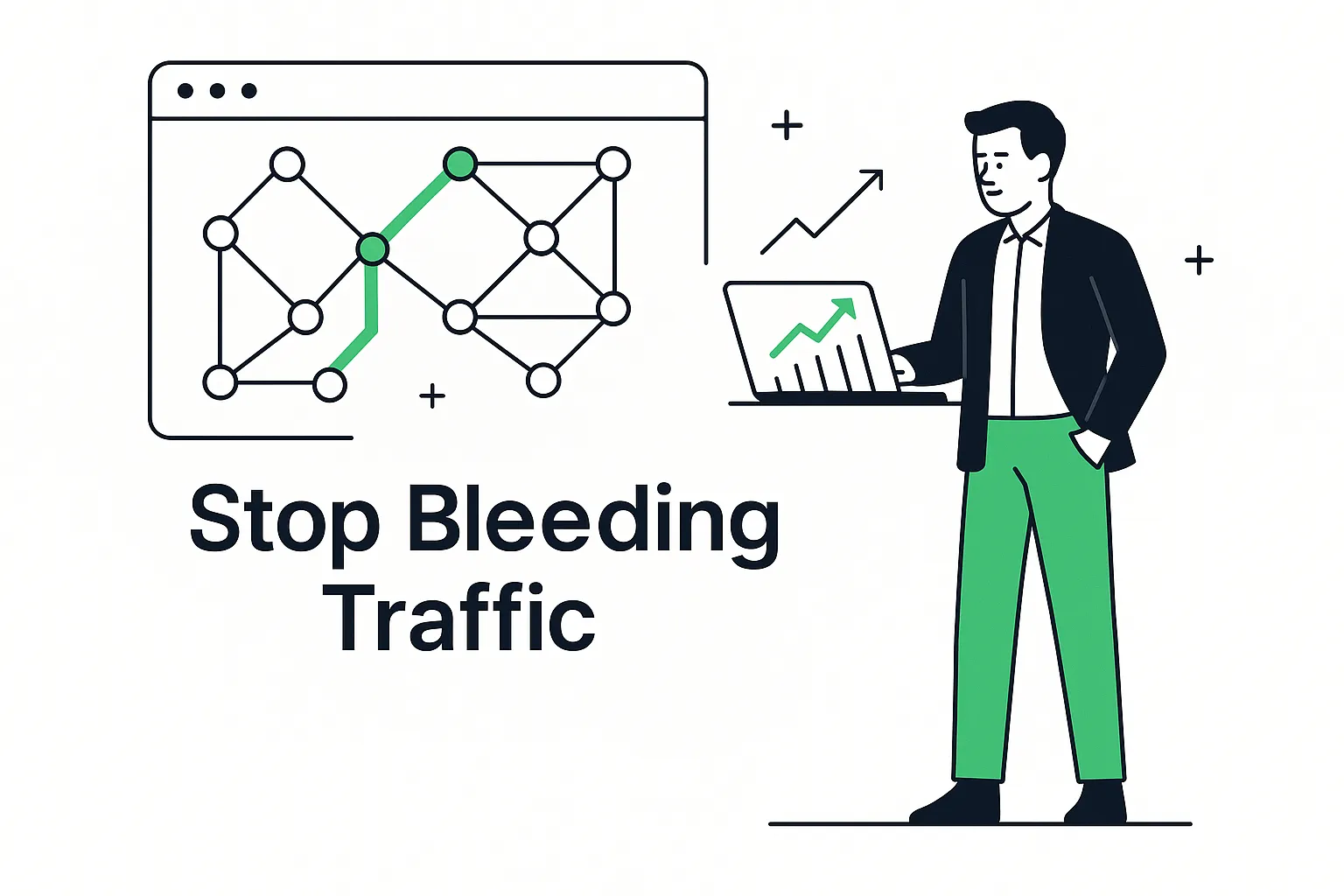 Minimalist tech illustration of connected nodes with a business person analyzing data and the text Stop Bleeding Traffic