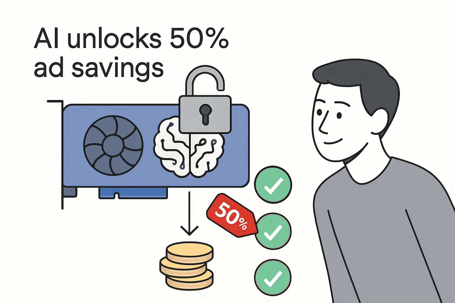 Minimalist illustration of open source GPT logic unlocking lower ad spend with GPU circuit and human avatar