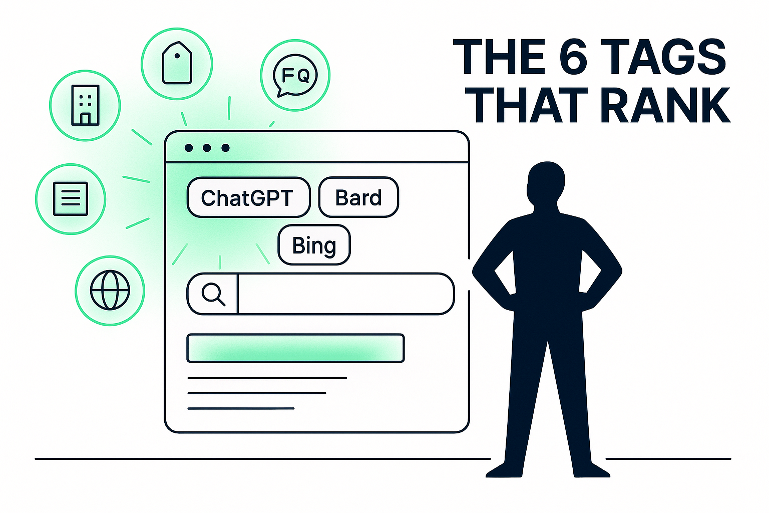 Minimalist tech illustration of a professional silhouette with AI search interface and orbiting schema icons in cool tones