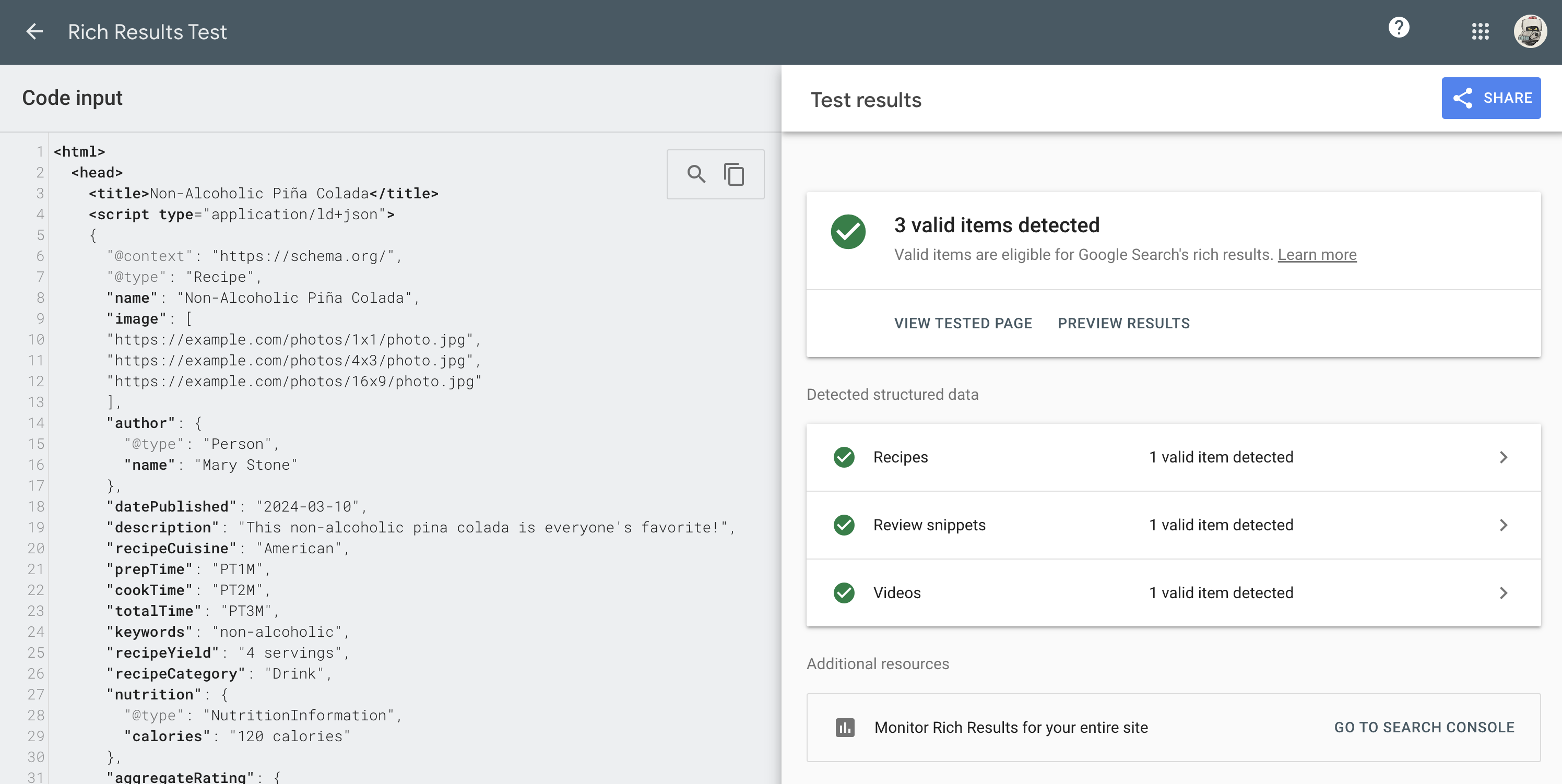 Screenshot of Google Rich Results Test interface showing schema validation results