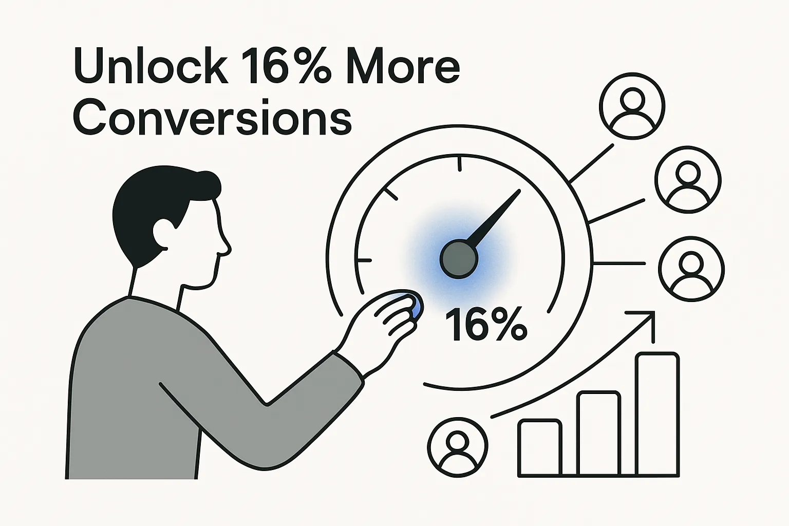 Minimalist tech illustration of a focused marketer avatar turning a personalization dial with 16 percent conversion increase and upward funnel icons