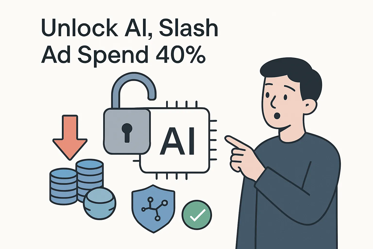 Minimalist illustration of an unlocked AI chip revealing lower ad spend and in-house control with a surprised character pointing at savings icon and shield with data nodes on a white background