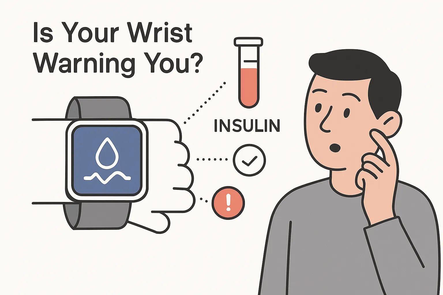 Minimalist smartwatch illustration showing health data transmission to lab icons indicating hidden insulin risk with a curious human avatar and overlay text asking Is Your Wrist Warning You